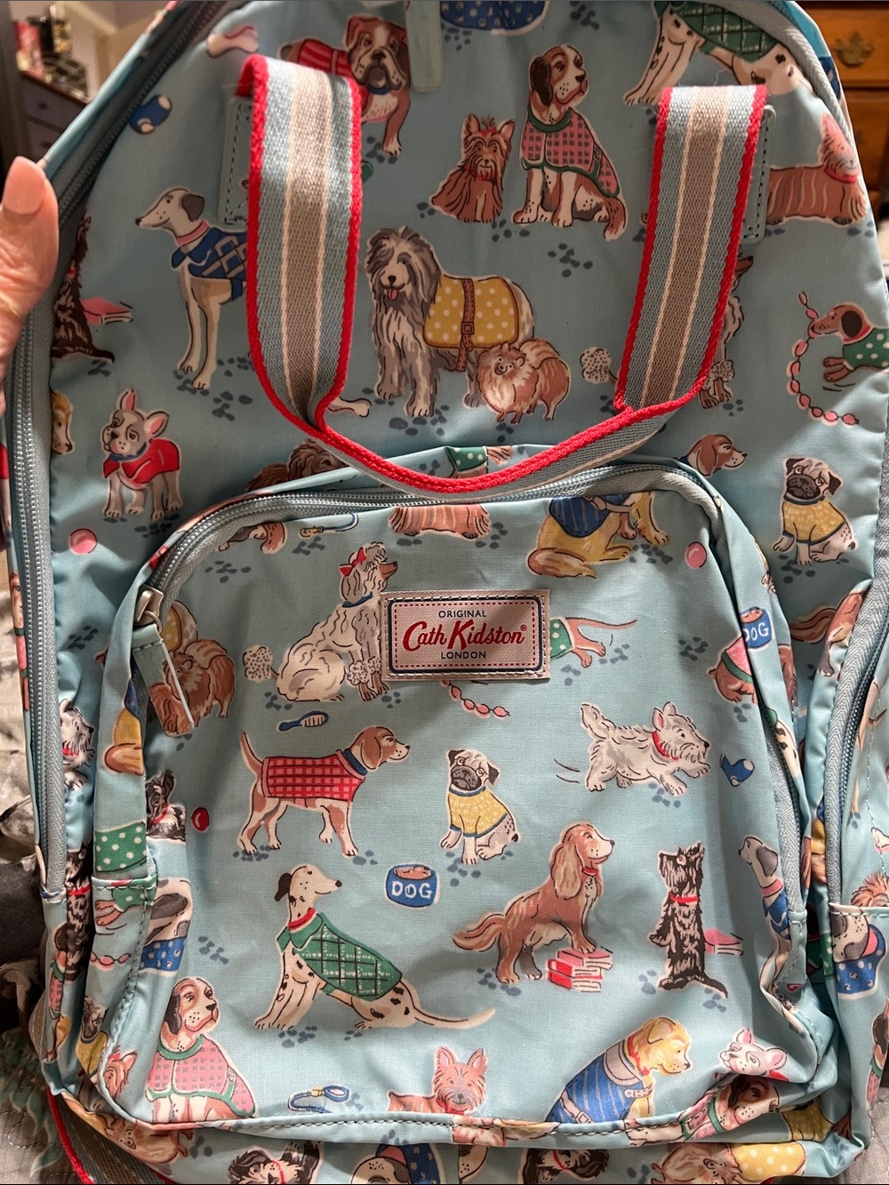 Cath Kidston Light Blue Dog Print Backpack with Multicolor Pup Accents